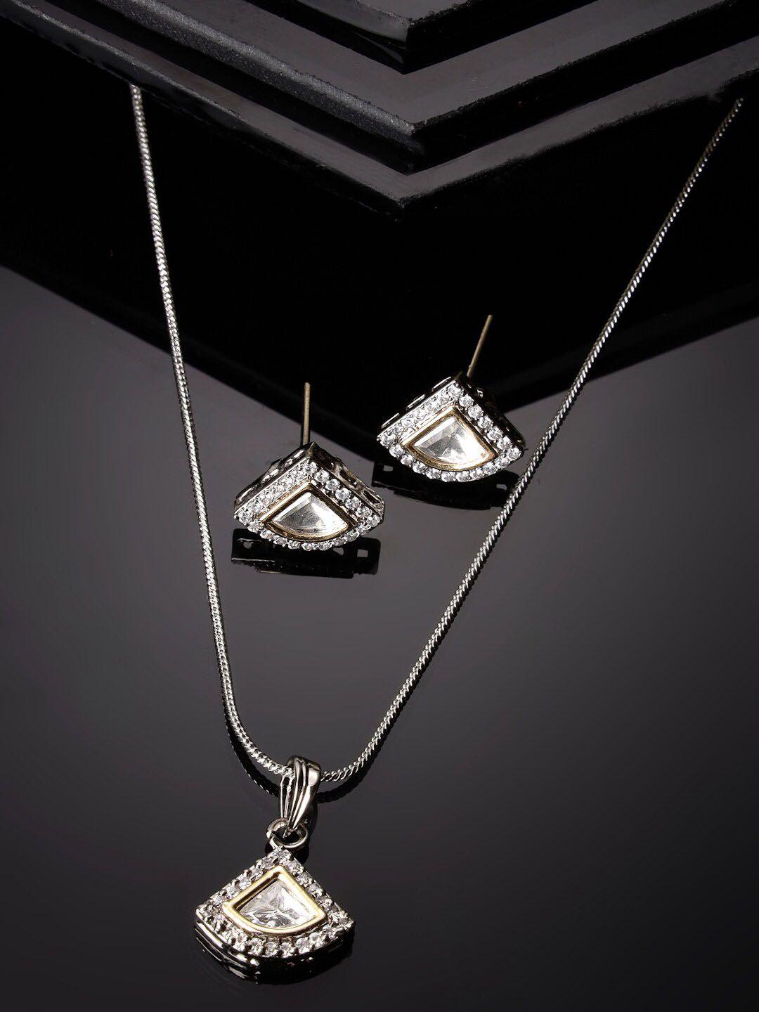 adiva silver-plated american diamond studded pendant with chain & earrings