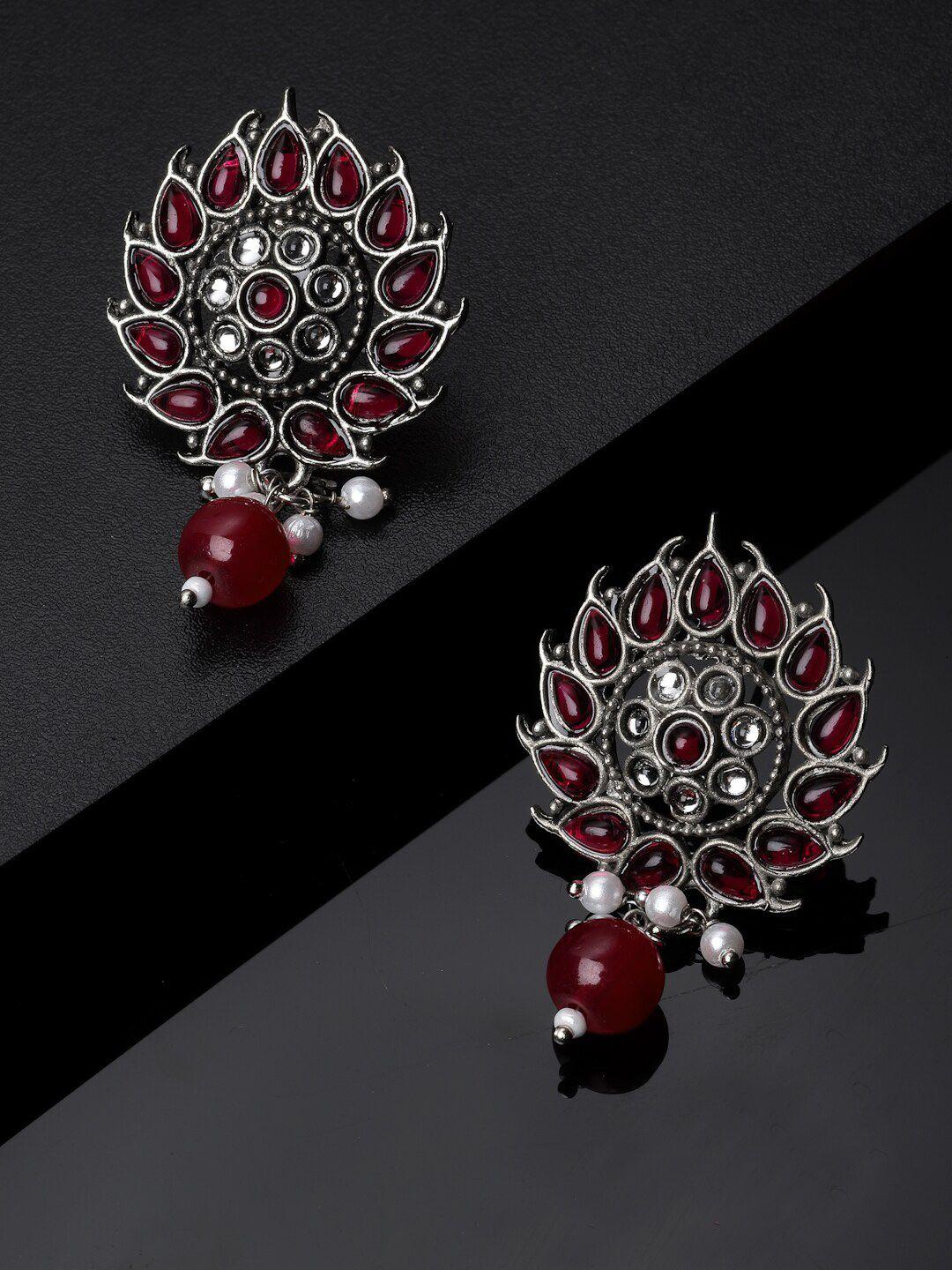 adiva silver-plated kundan studded circular drop earrings