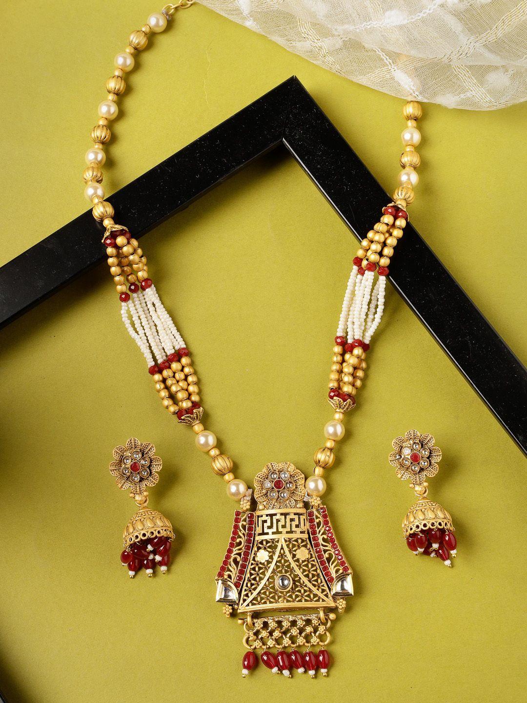 adiva gold-plated kundan-studded & beaded jewellery set