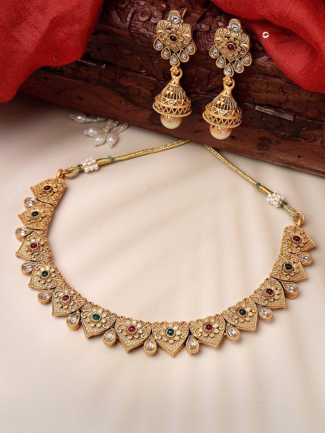 adiva gold-plated kundan-studded & pearl-beaded jewellery set