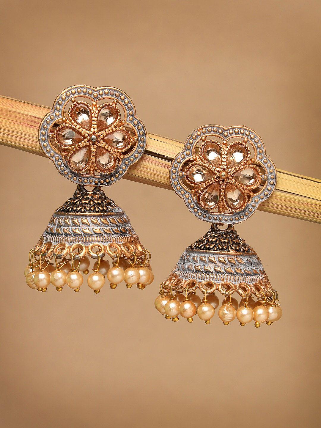 adiva gold-plated stone-studded & beaded classic jhumkas