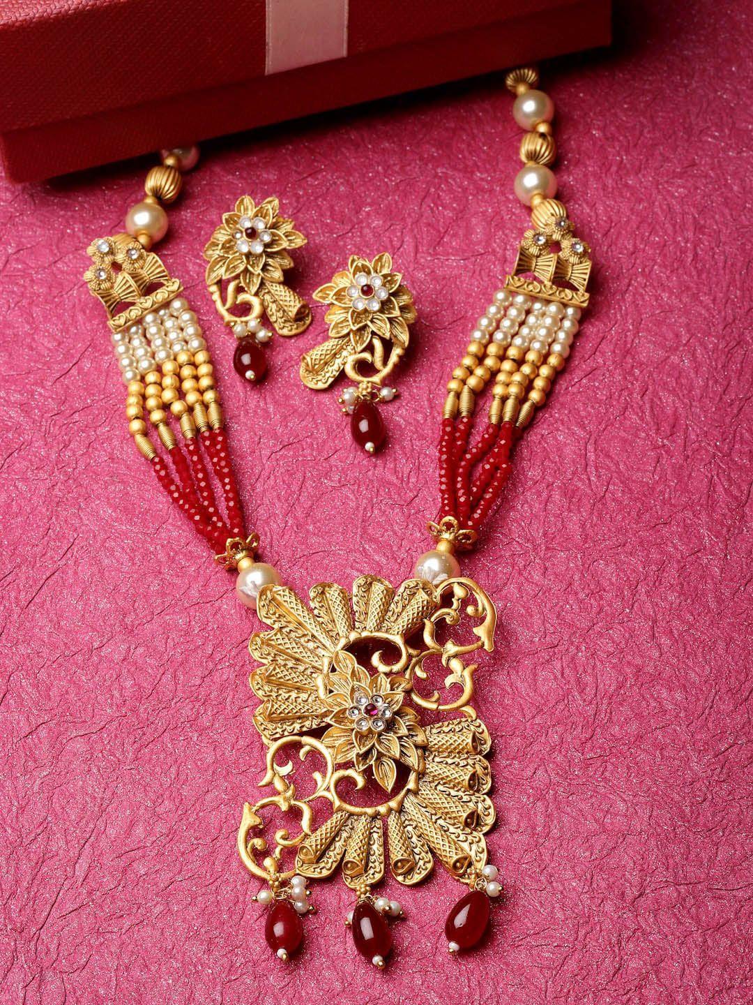 adiva gold-plated stones-studded & beaded jewellery set