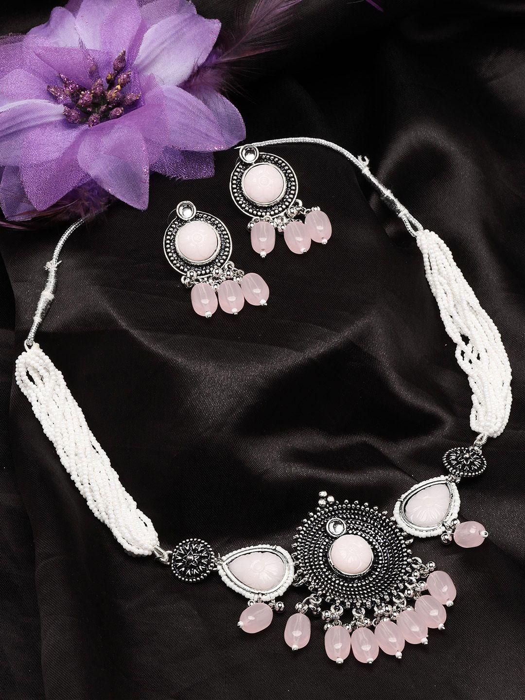 adiva oxidised silver plated stone studded jewellery set