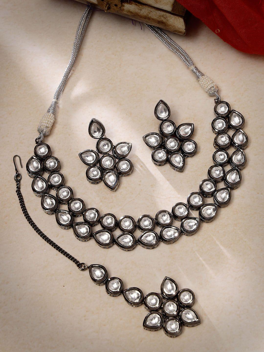 adiva rhodium-plated kundan-studded necklace with earrings & maang tika