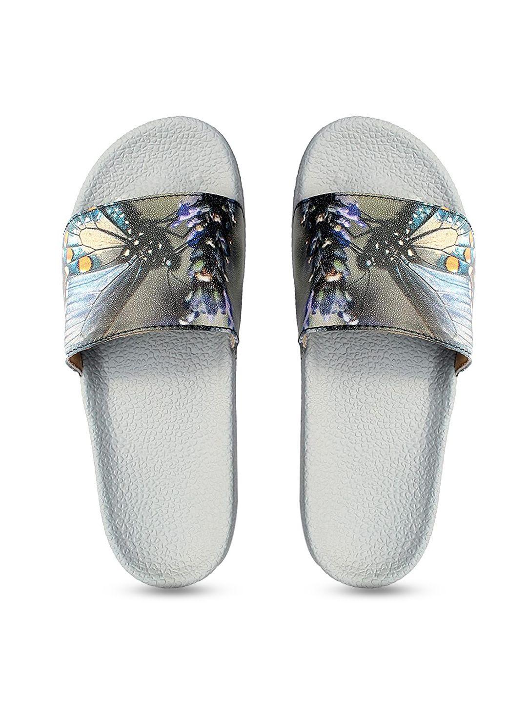 adiver women grey & blue printed sliders