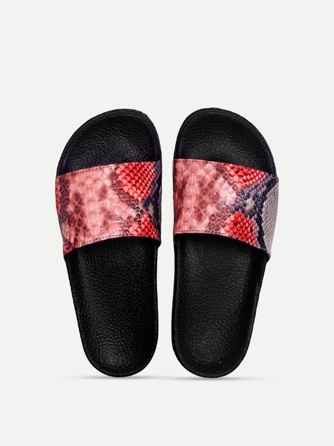 adiver women red & black synthetic printed sliders