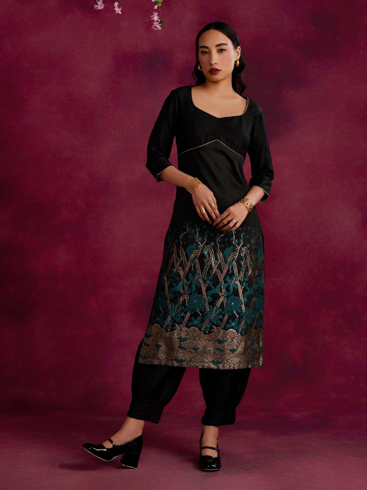 adjustable back cut out kurta with zari work hem black