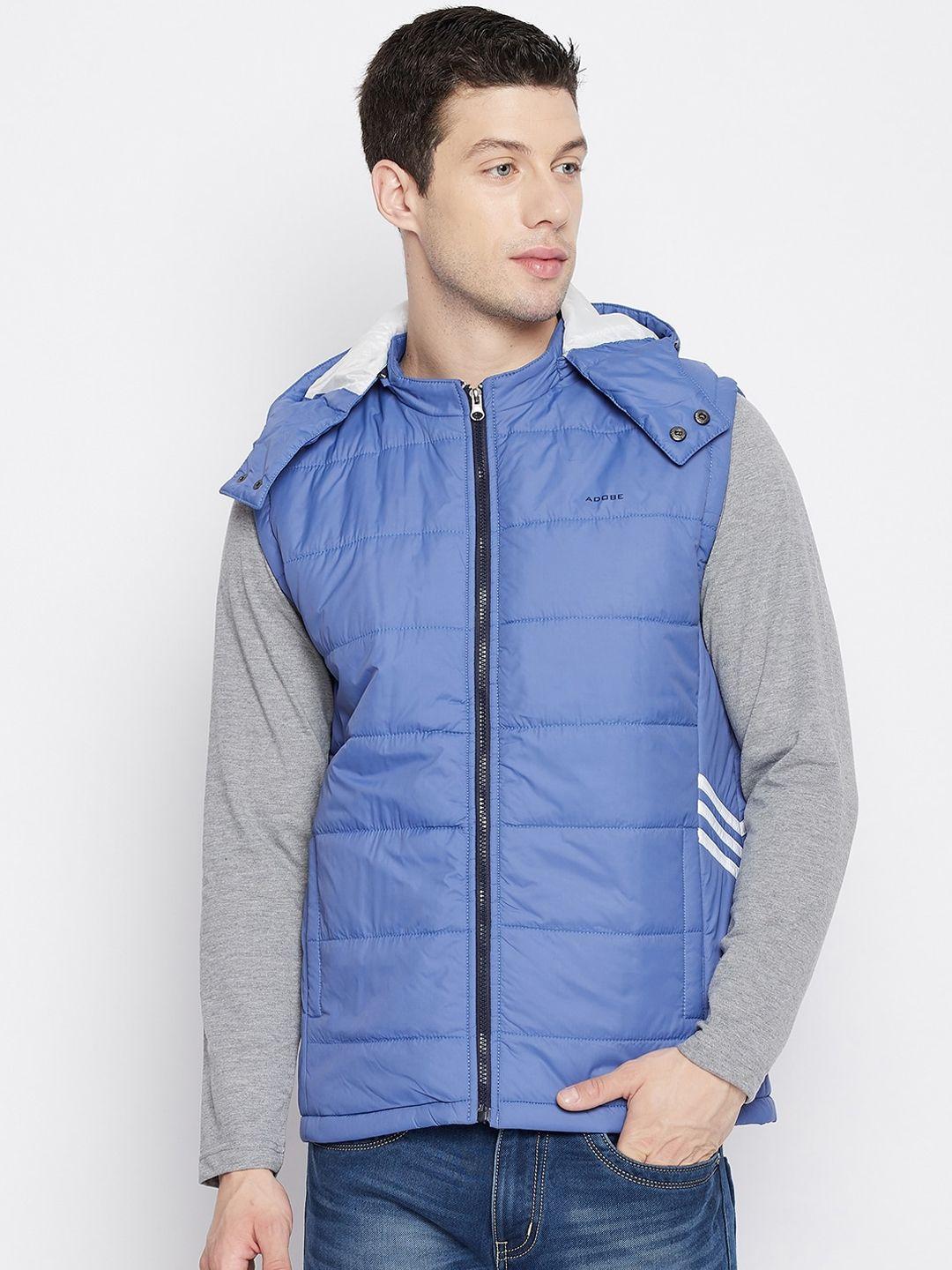adobe men blue solid lightweight sleeveless hooded quilted jacket