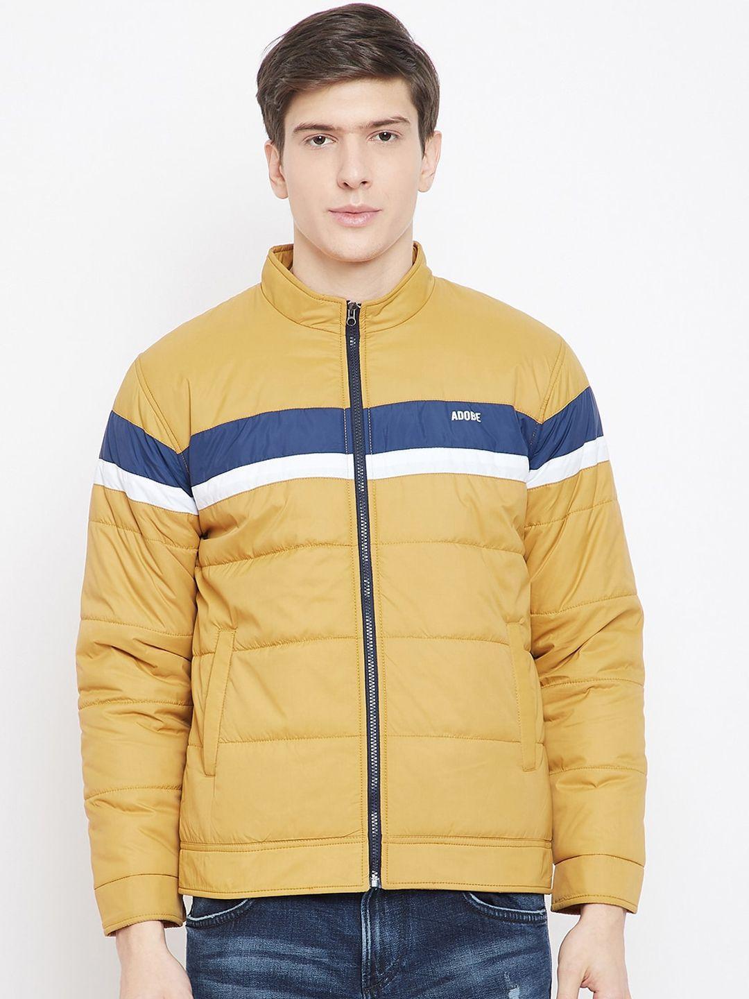 adobe-men-mustard-yellow-&-blue-striped-lightweight-puffer-jacket