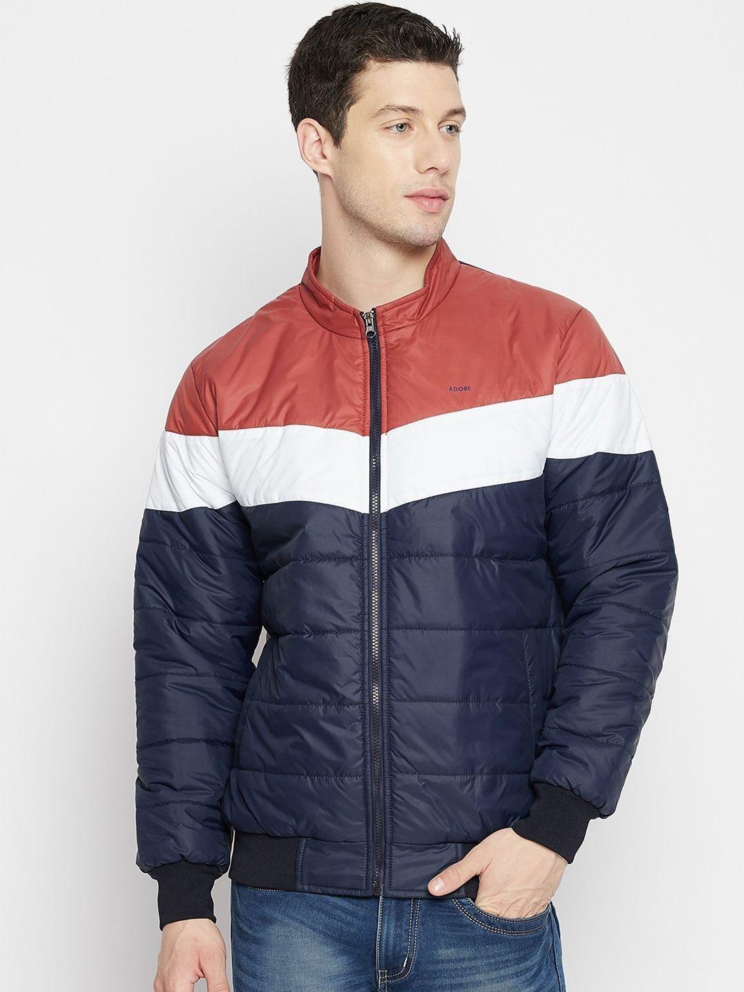 adobe men navy blue & red colourblocked lightweight full sleeve quilted jacket