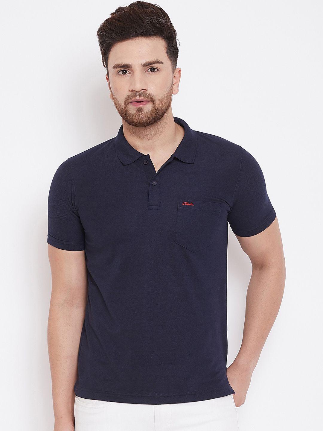 adobe men navy blue solid polo collar t-shirt