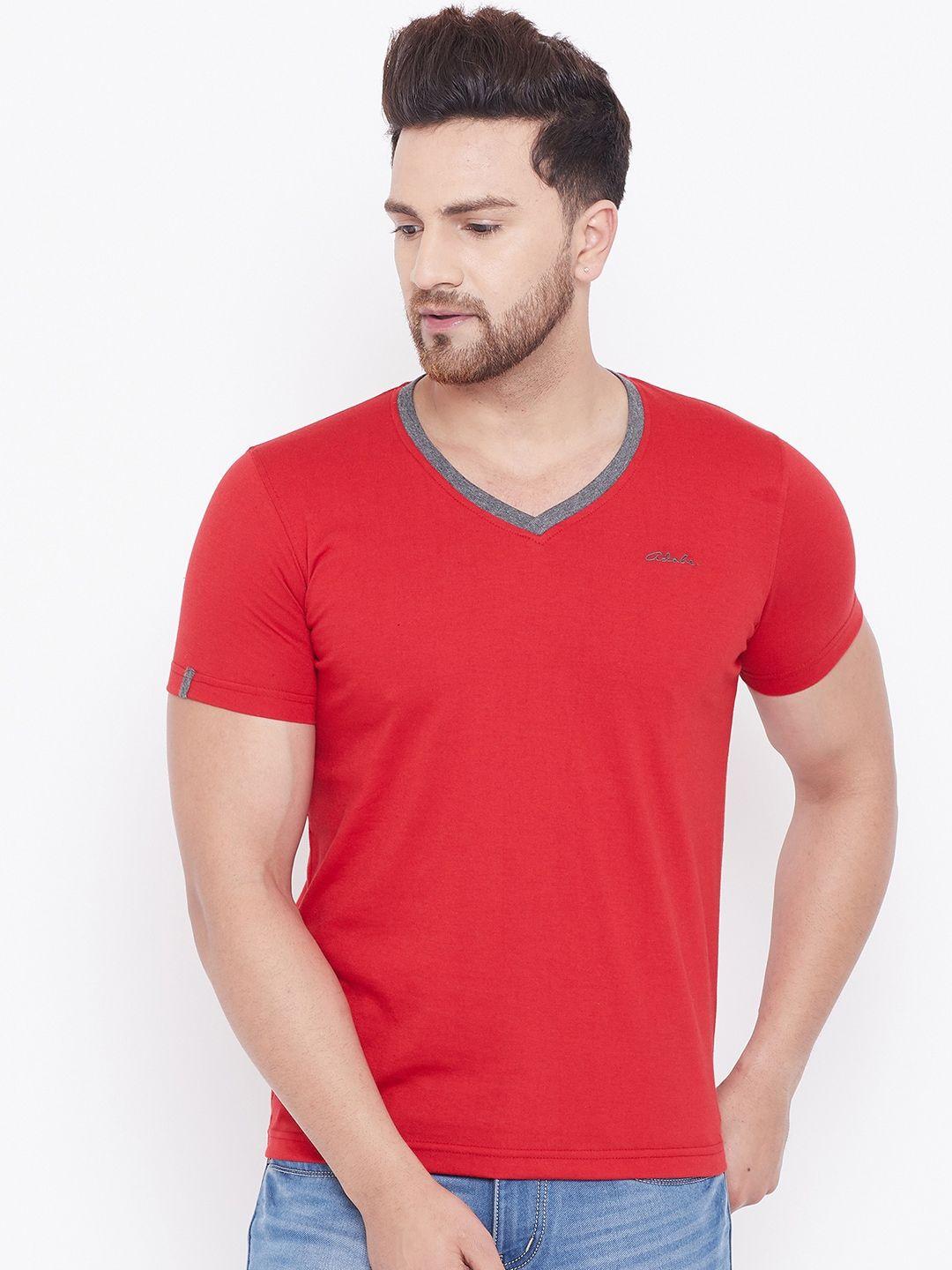 adobe men red solid v-neck t-shirt