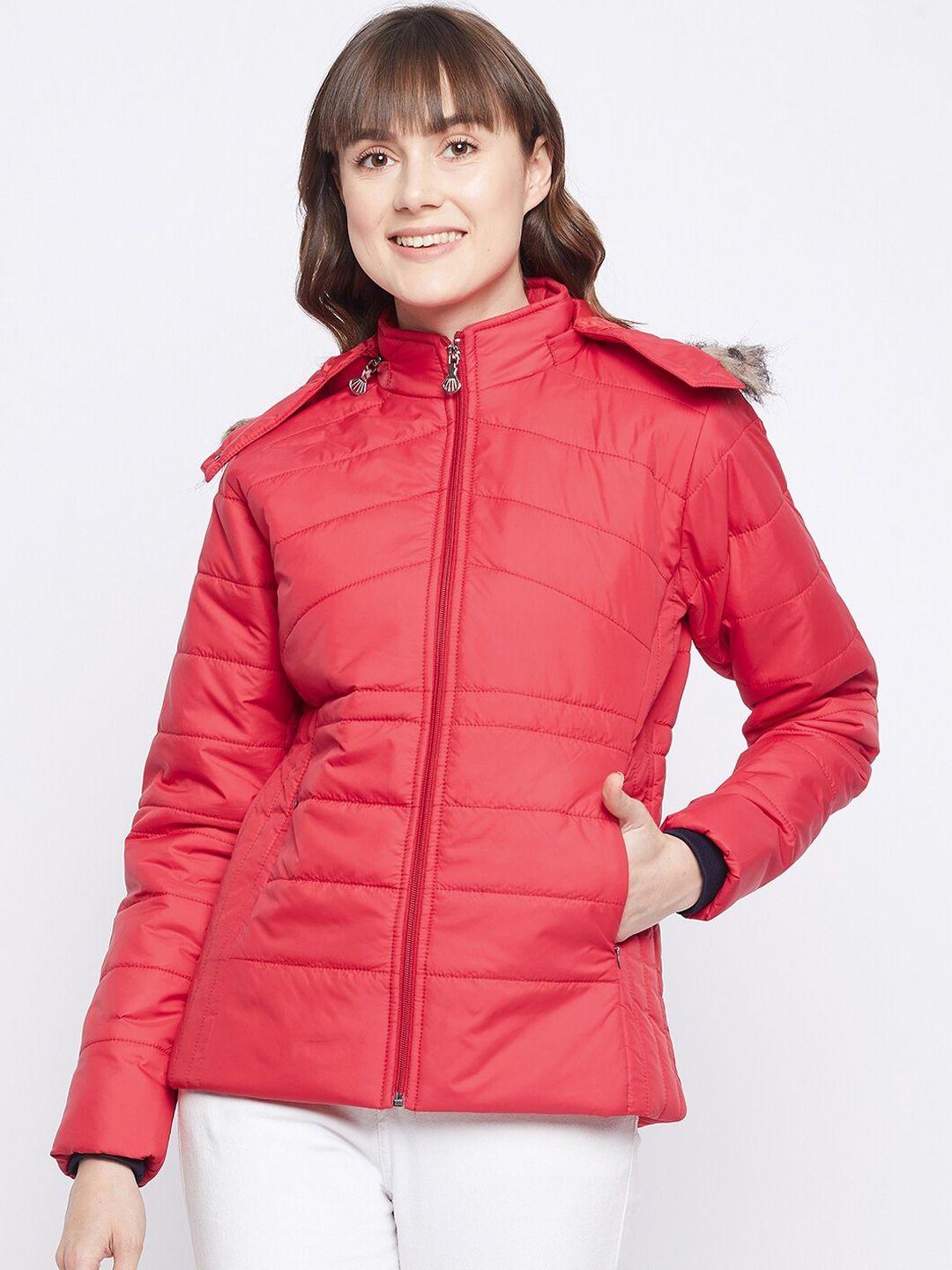 adobe women red solid lightweight puffer jacket with detachable hood