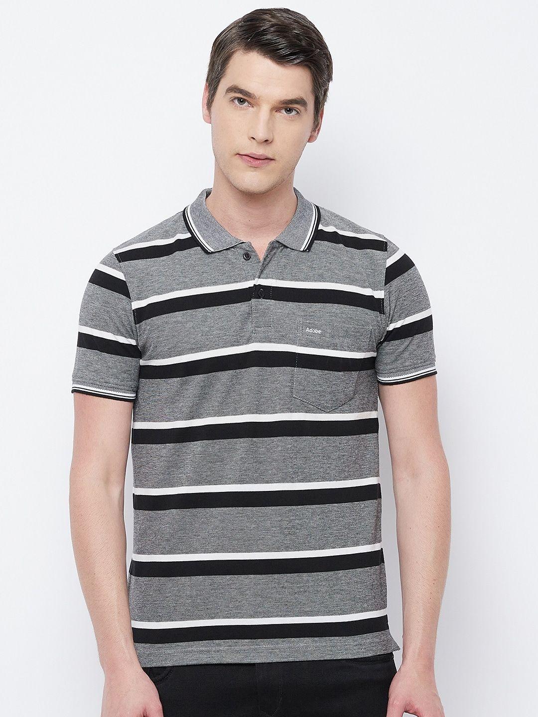 adobe men black & grey striped polo collar t-shirt