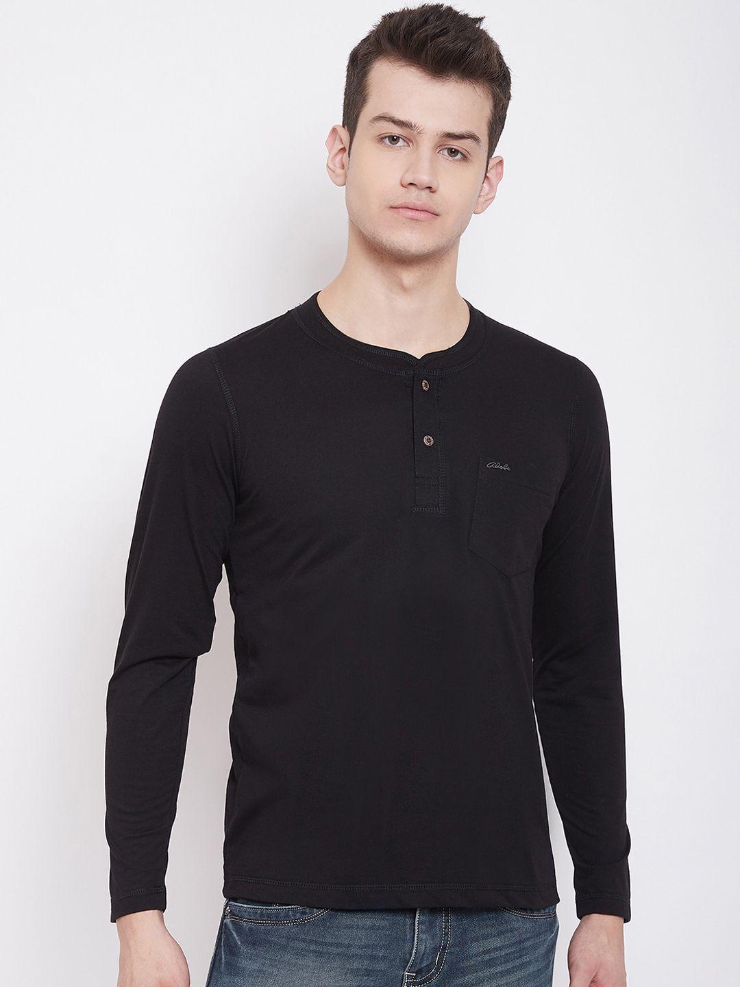 adobe men black solid henley neck t-shirt