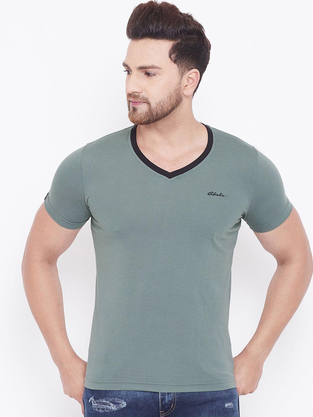 adobe men green solid v-neck t-shirt