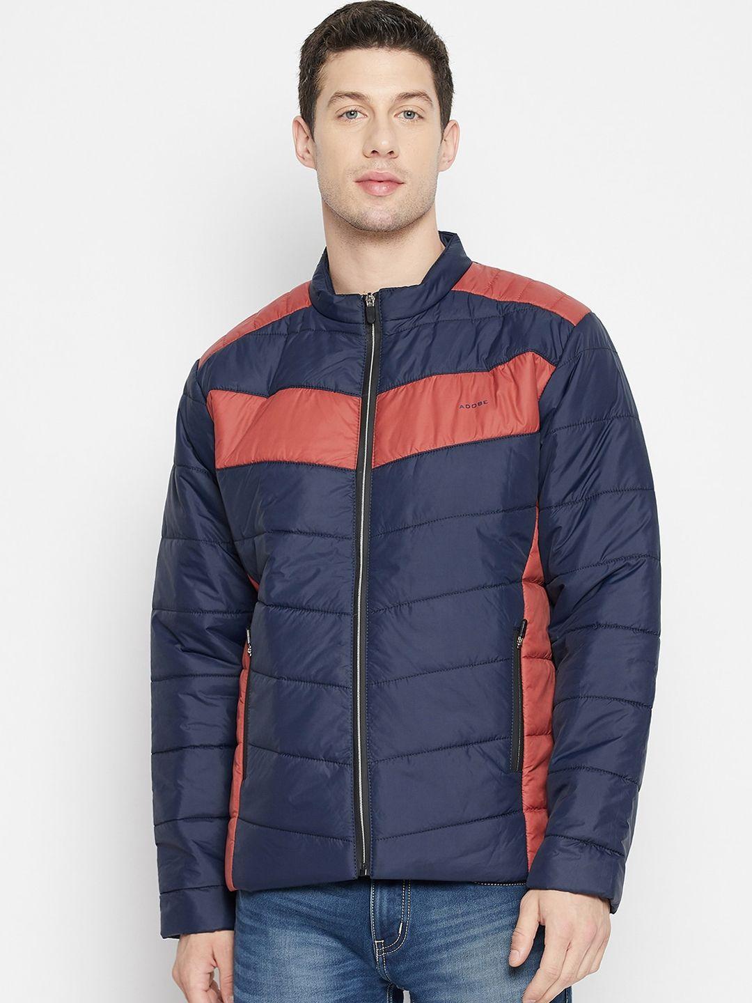 adobe men navy blue & red colourblocked lightweight full sleeve quilted jacket