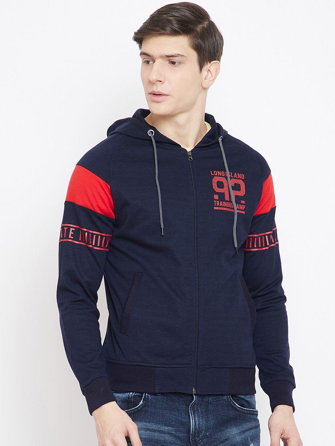 adobe men navy blue & red printed hooded sweatshirt