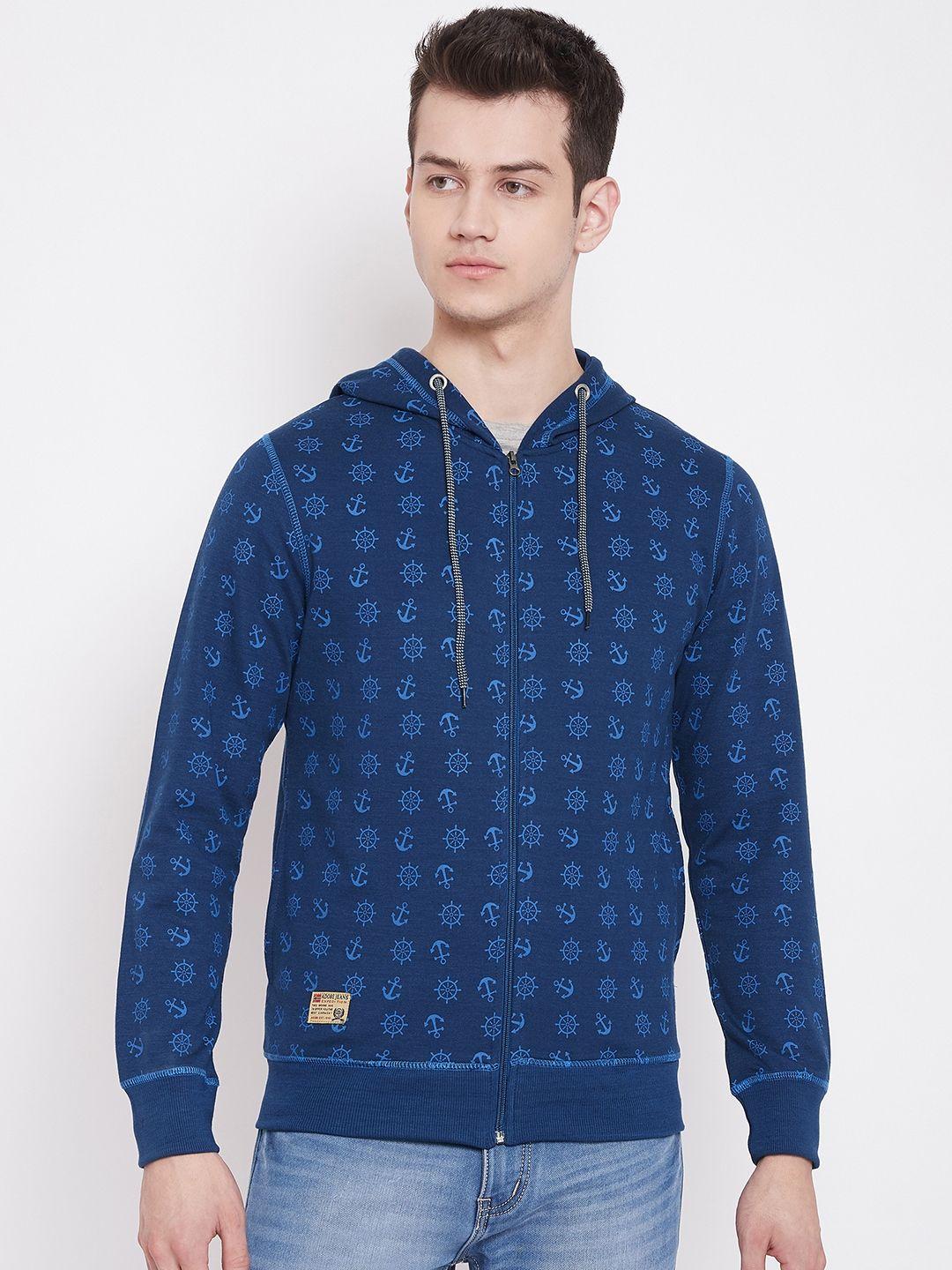 adobe men navy blue printed hooded sweatshirt