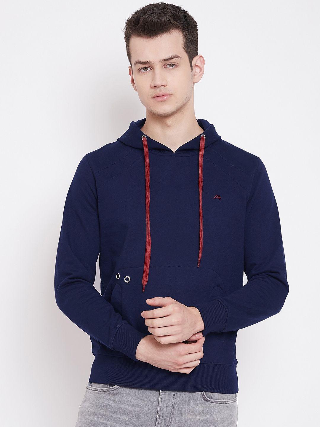 adobe men navy blue solid hooded sweatshirt