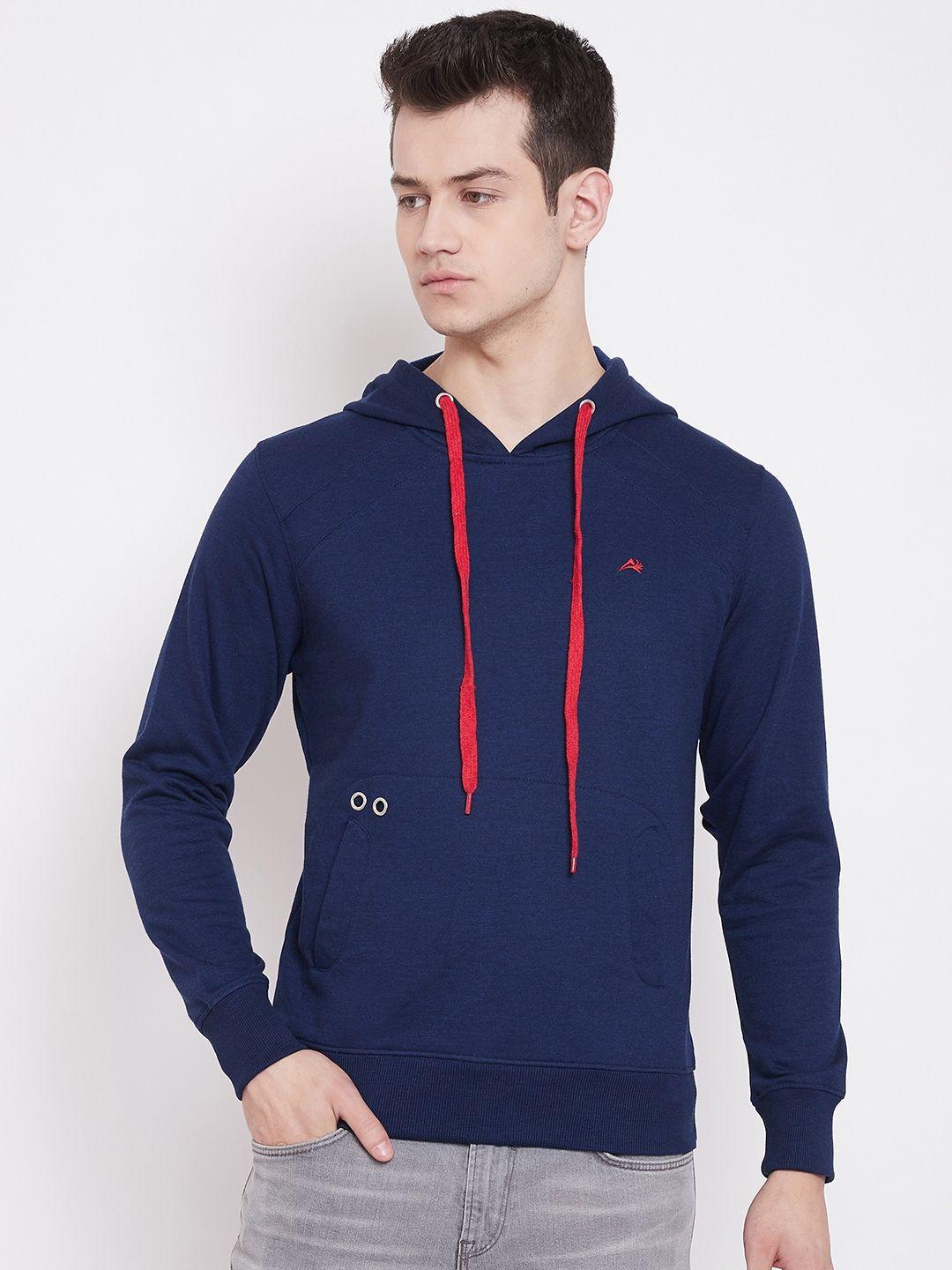 adobe men navy blue solid hooded sweatshirt