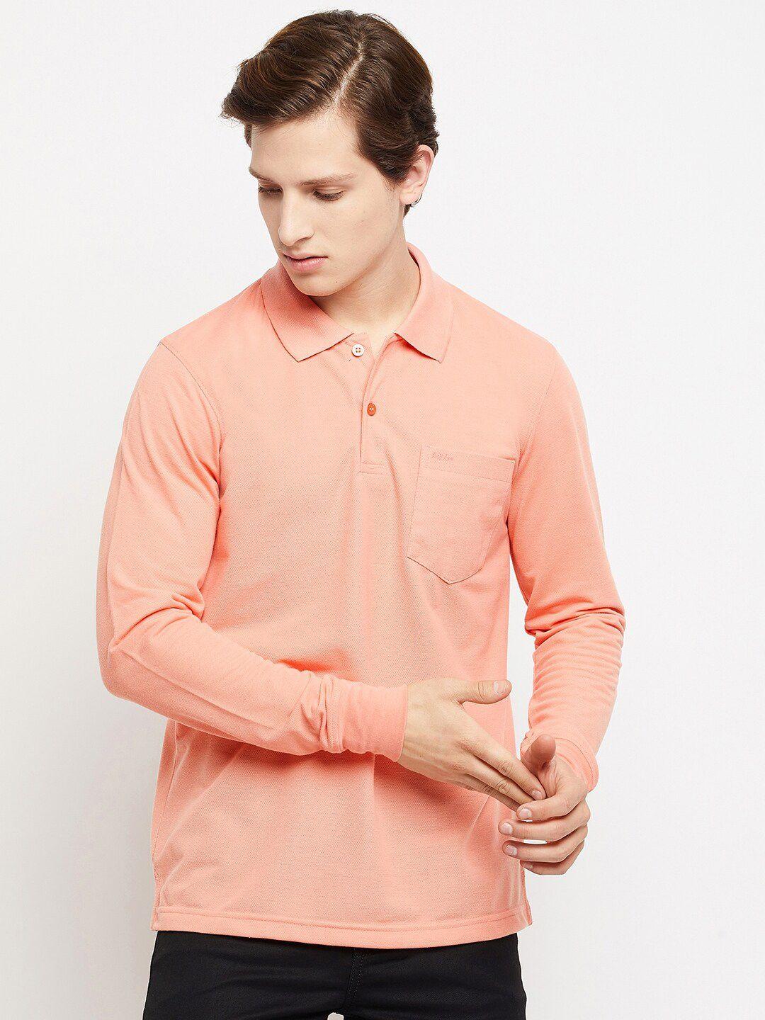 adobe men peach-coloured polo collar solid cotton t-shirt