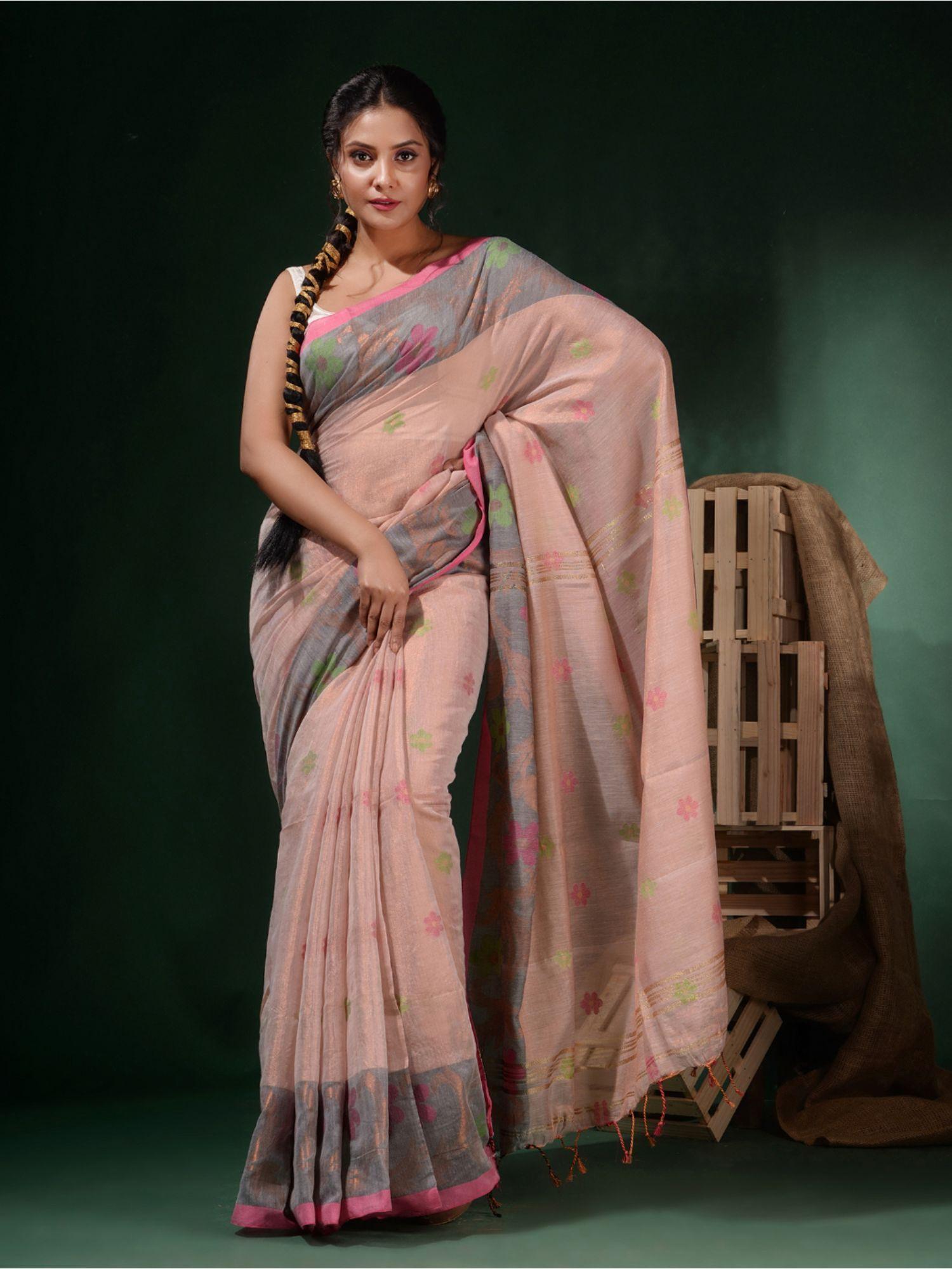 adobe pink tissue handwoven soft floral designs saree with unstitched blouse