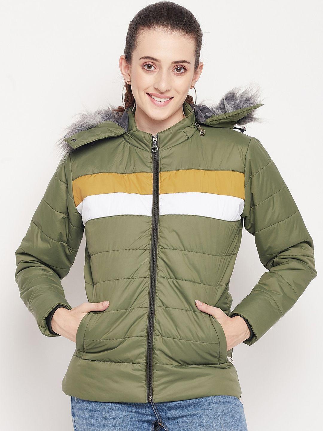 adobe women green white striped lightweight puffer jacket