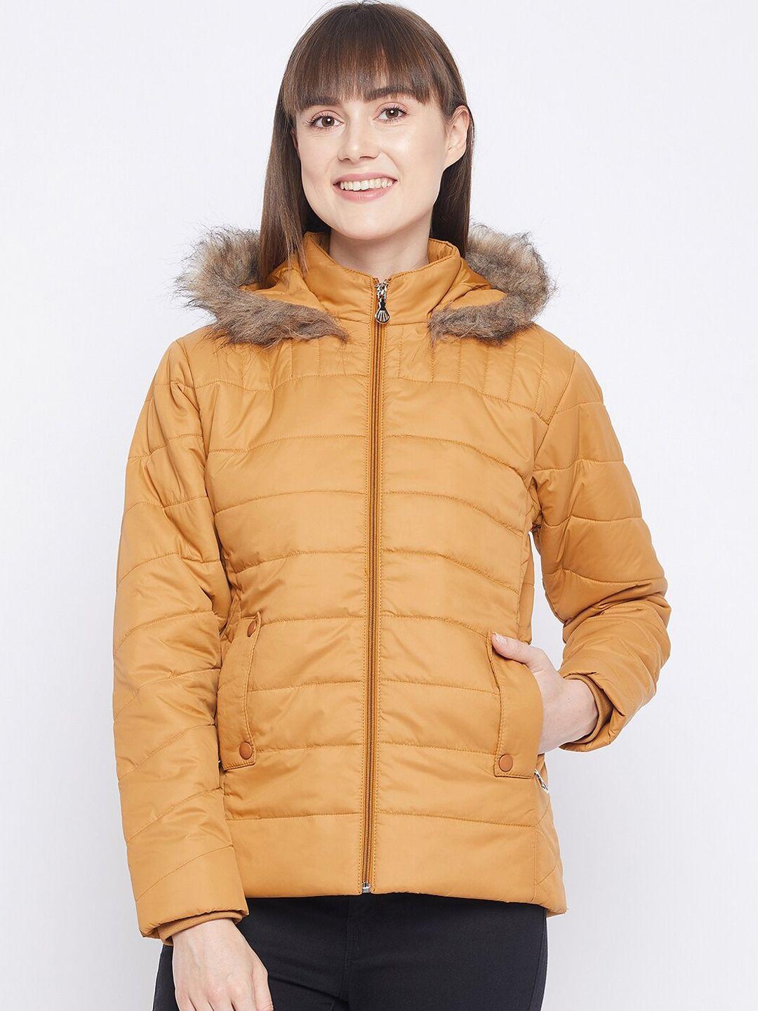 adobe women mustard lightweight fur parka jacket