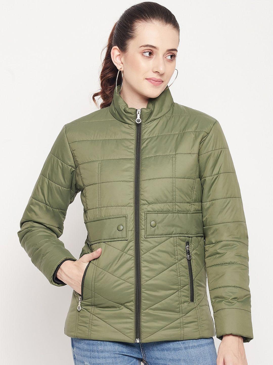 adobe women olive green solid full sleeve  lightweight padded jacket