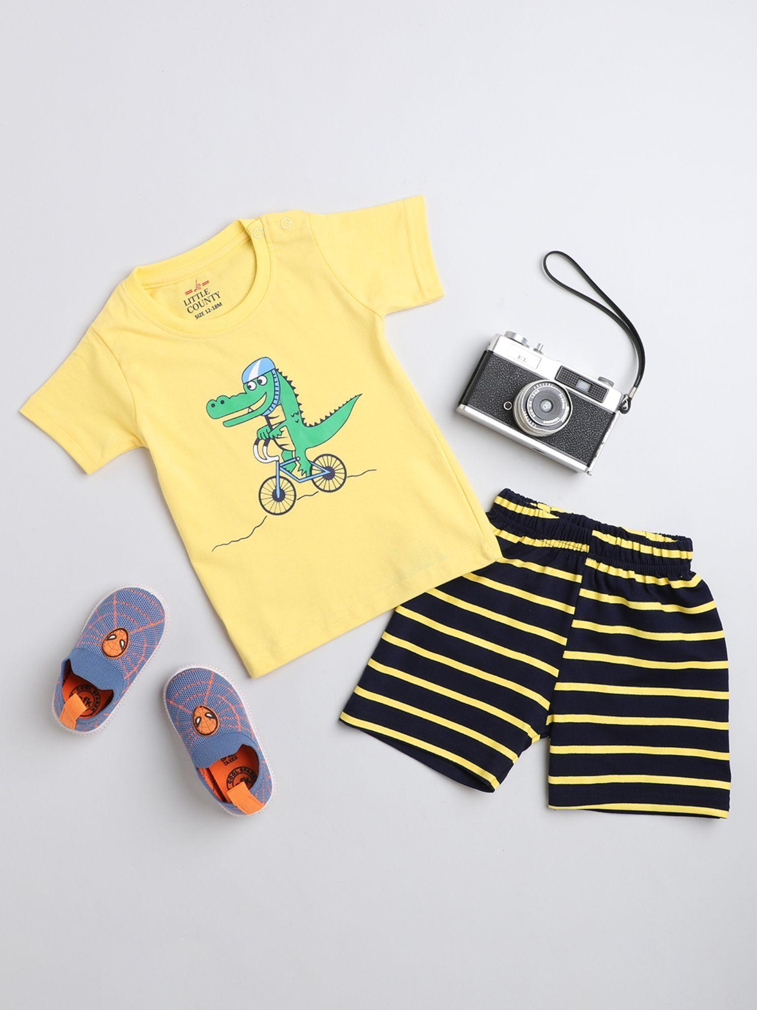 adorable aop t-shirt and short for infant boys-yellow-navy (set of 2)