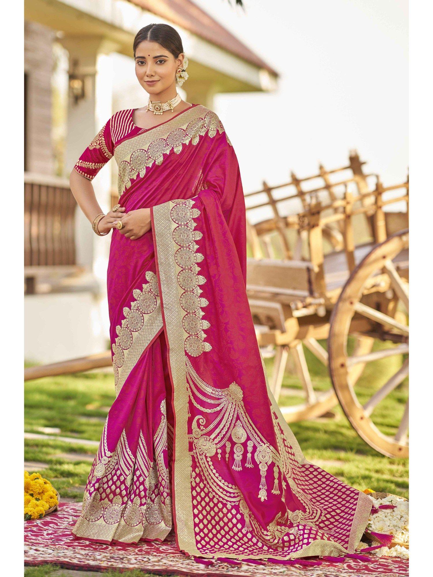 adorable pink woven banarasi silk saree with unstitched blouse