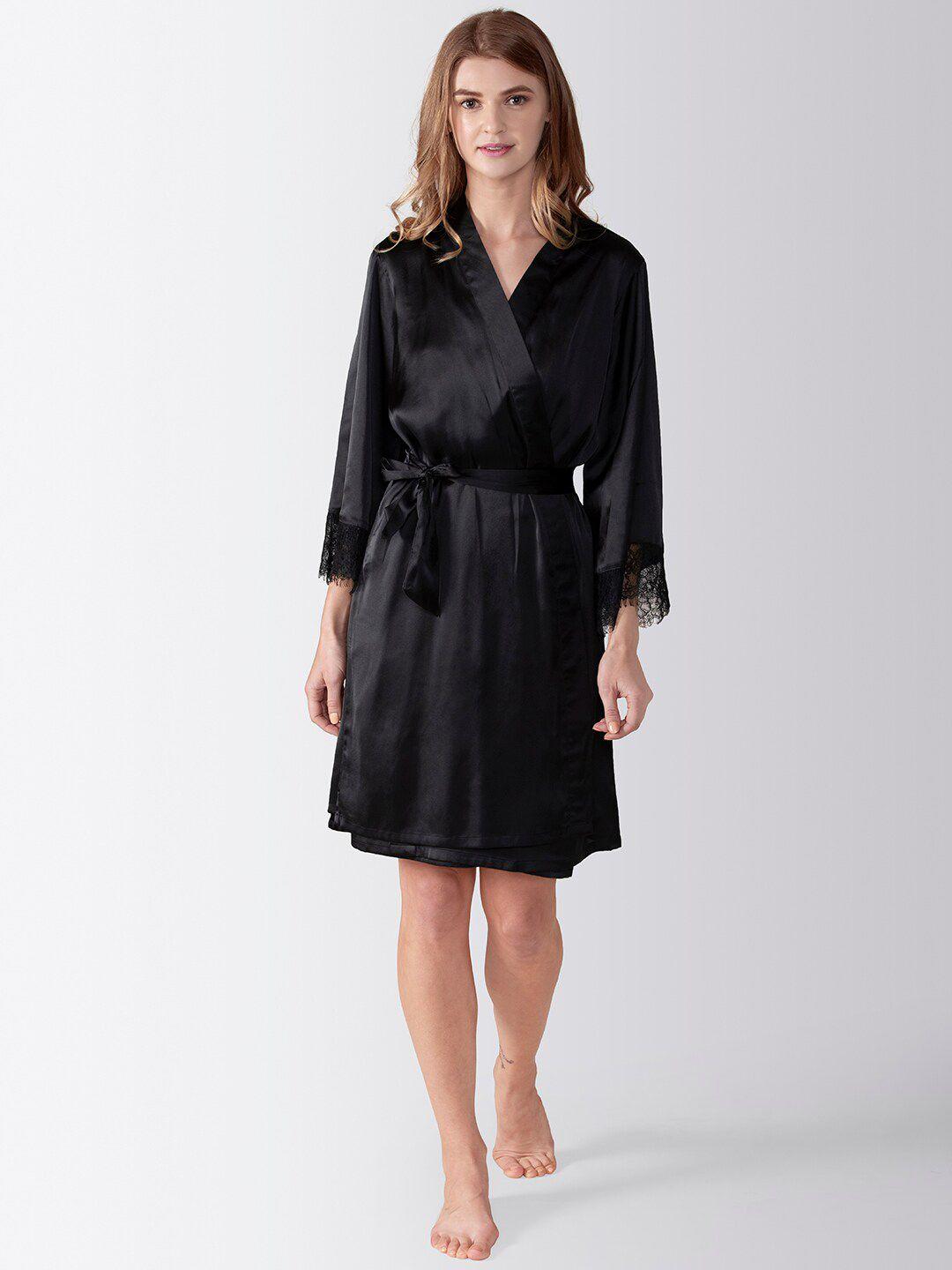 adorenite black solid nightdress with robe
