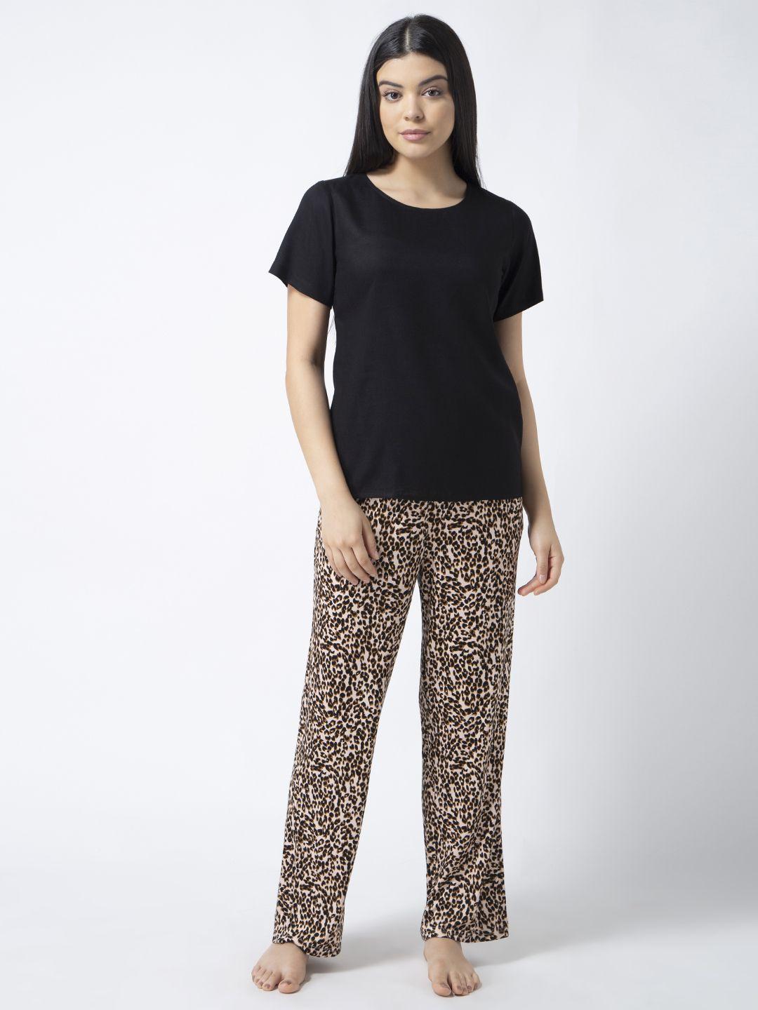 adorenite women black animal printed soft pyjama set