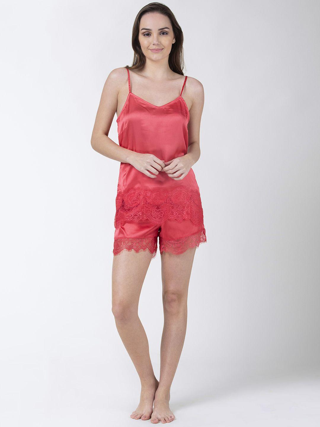 adorenite women coral pink lace trimmed night suit of camisole with shorts