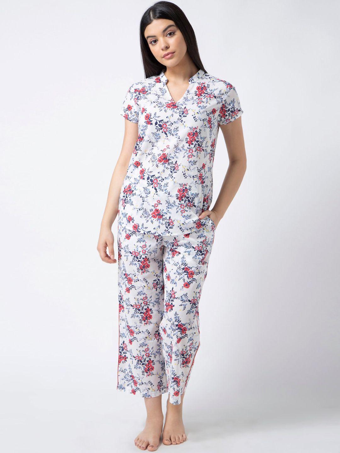 adorenite women cotton white & multicoloured floral printed night suit