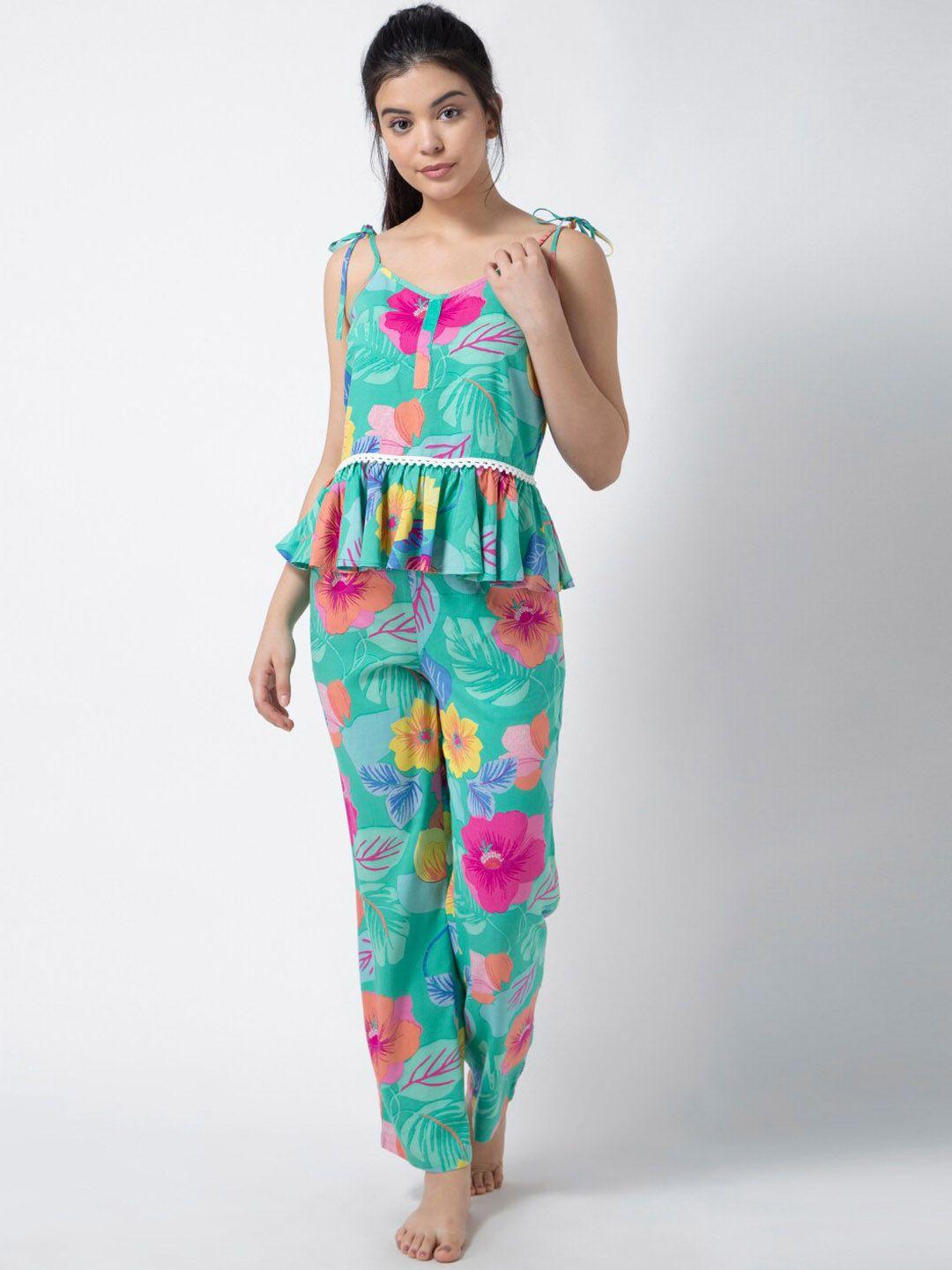 adorenite women green printed night suit