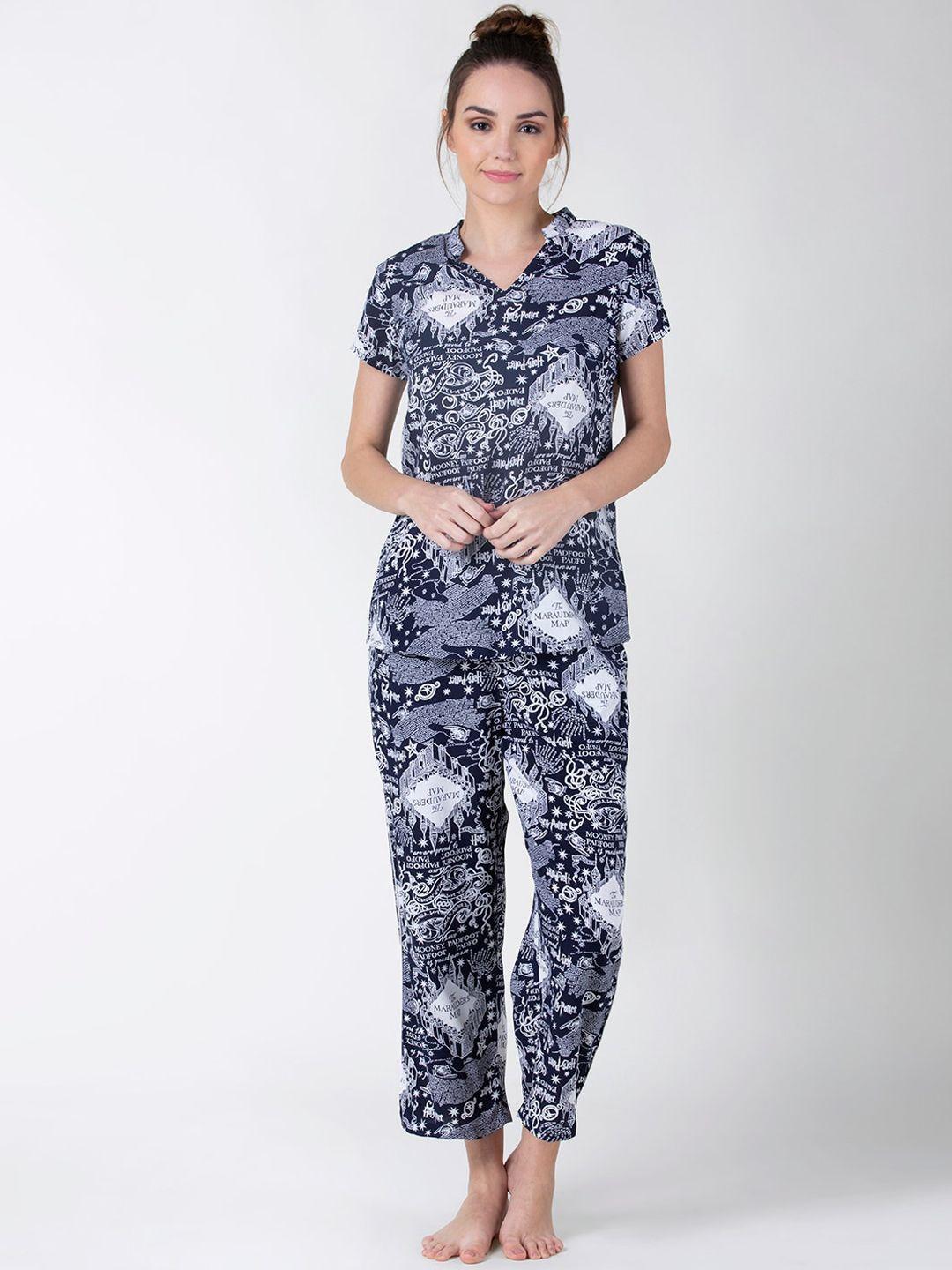 adorenite women navy blue & white printed t-shirt & pyjama night suit