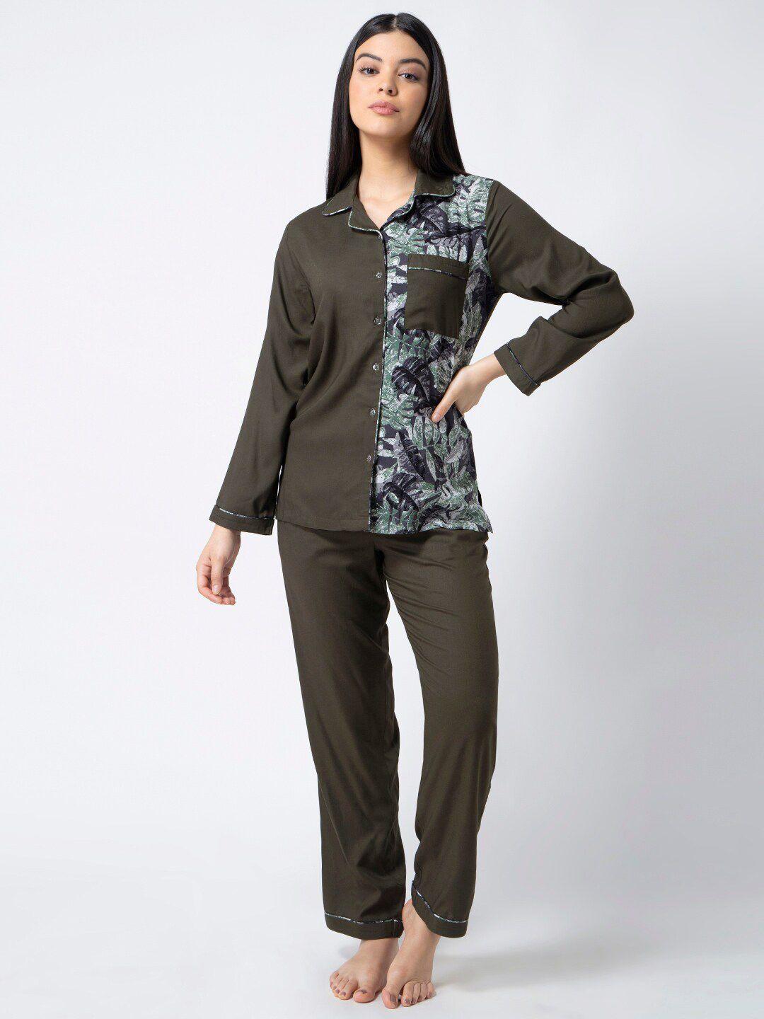 adorenite women olive green & grey printed night suit