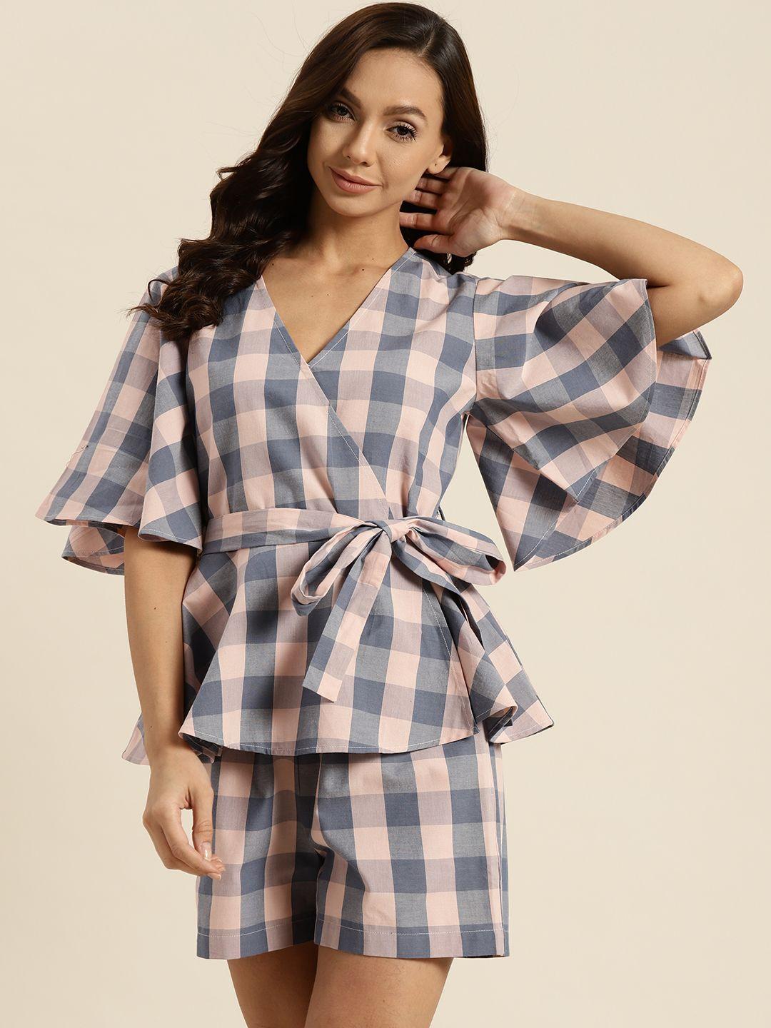 adorenite women peach-coloured & blue checked pure cotton shorts set