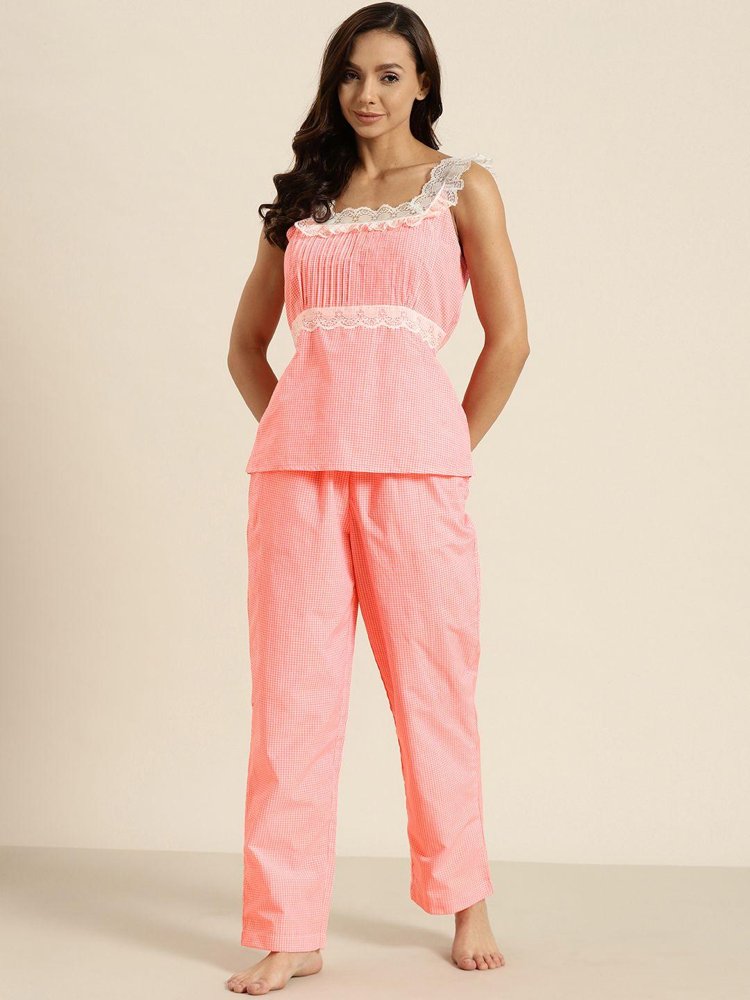 adorenite women peach-coloured & white checked pure cotton pyjamas set