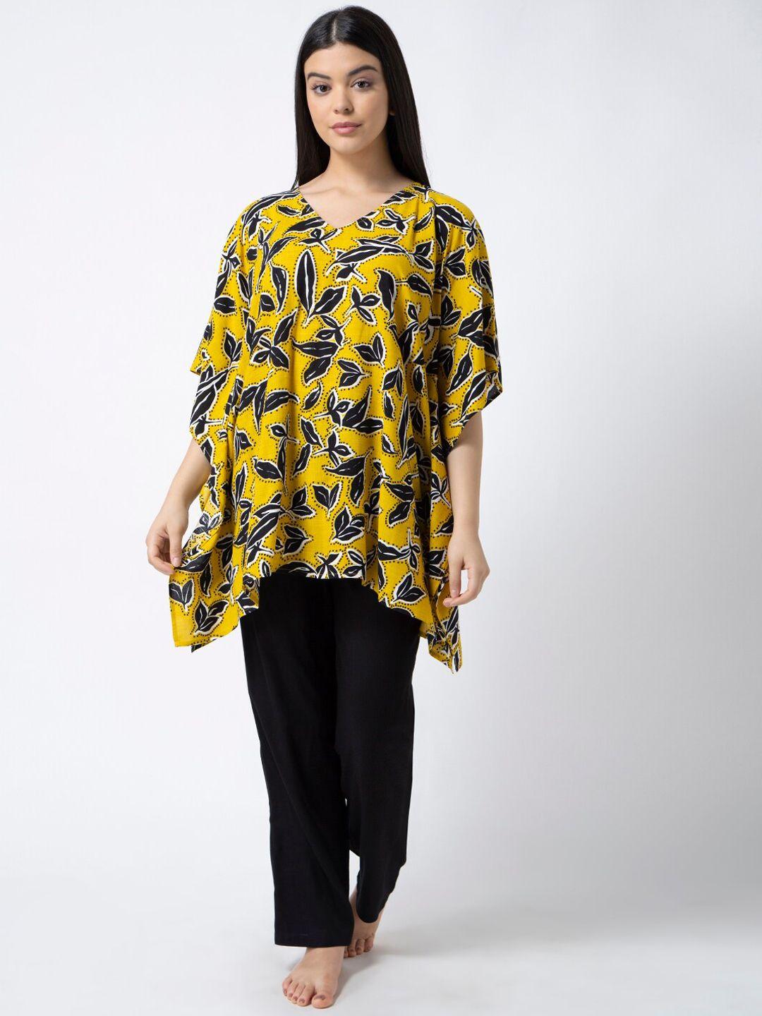 adorenite women yellow & black printed night suit