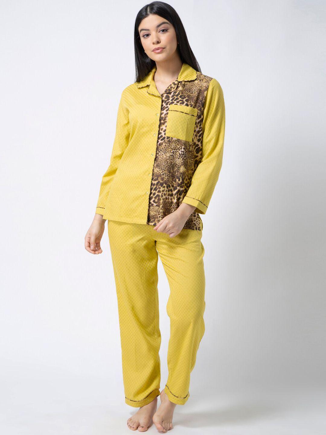 adorenite women yellow & brown printed night suit