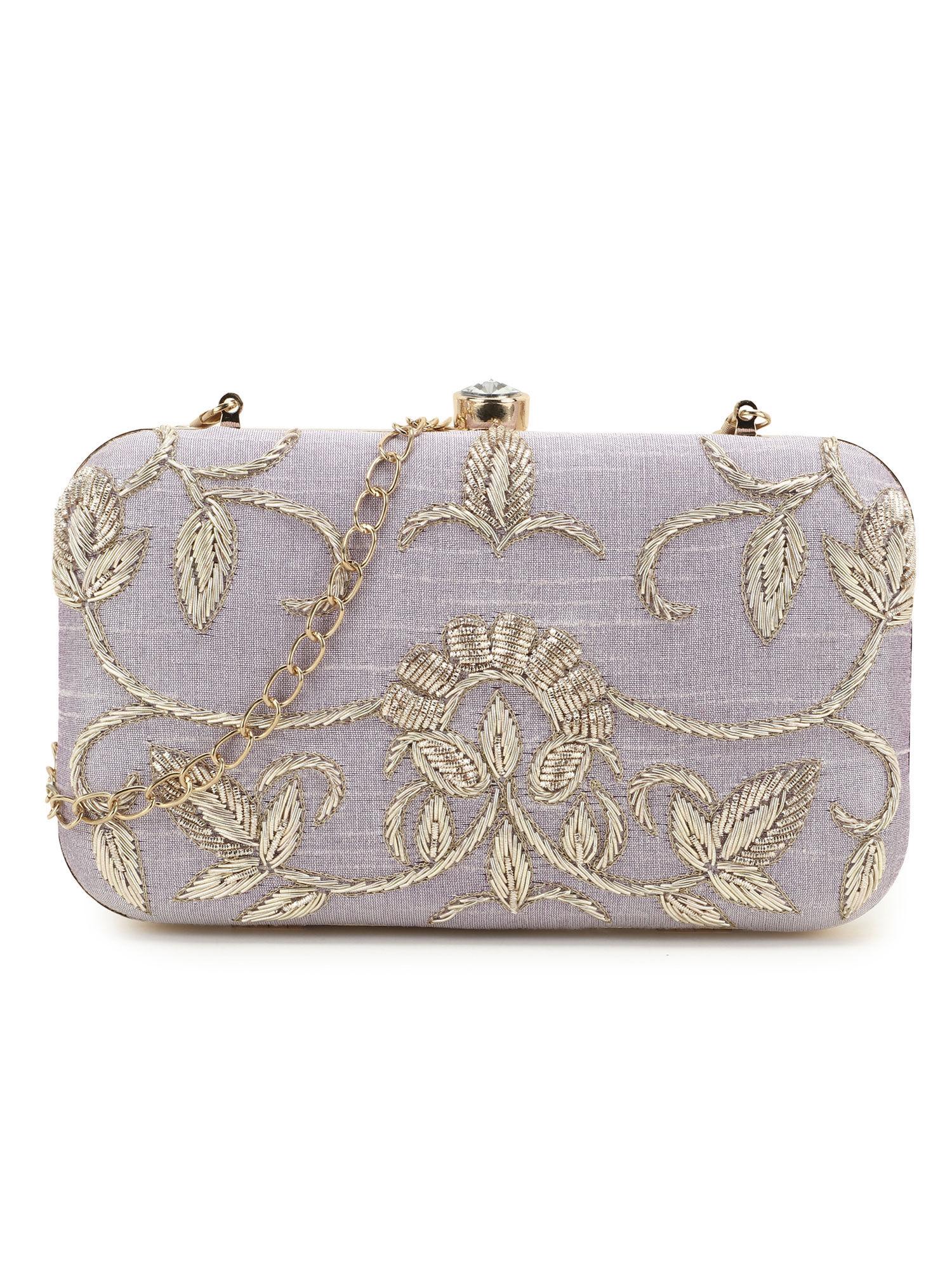 adorn pastel purple and gold embellished faux silk clutch