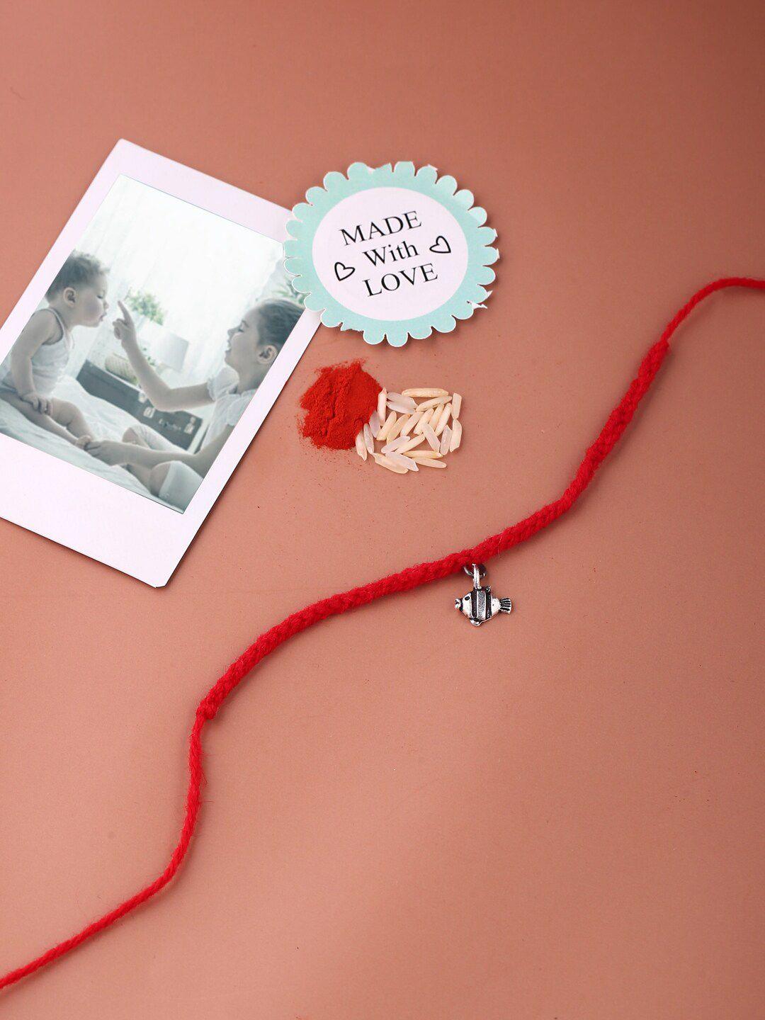 adorn by nikita ladiwala unisex kids silver-toned & red rakhi