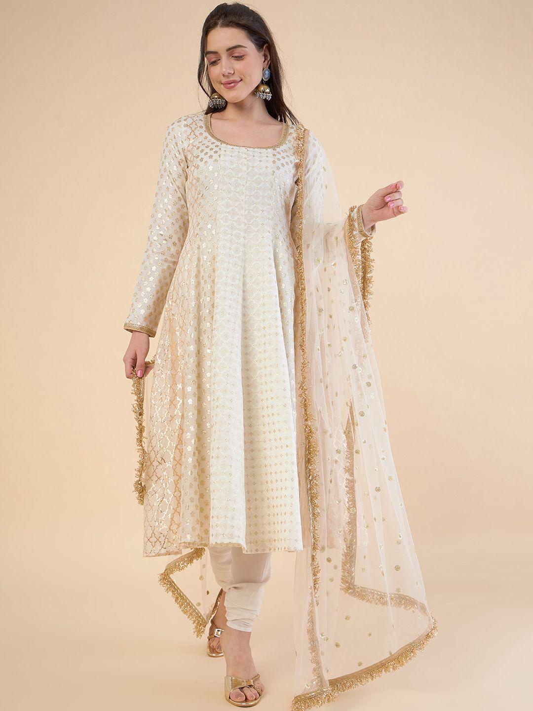 adornia embroidered panelled chanderi silk kurta with churidar & with dupatta