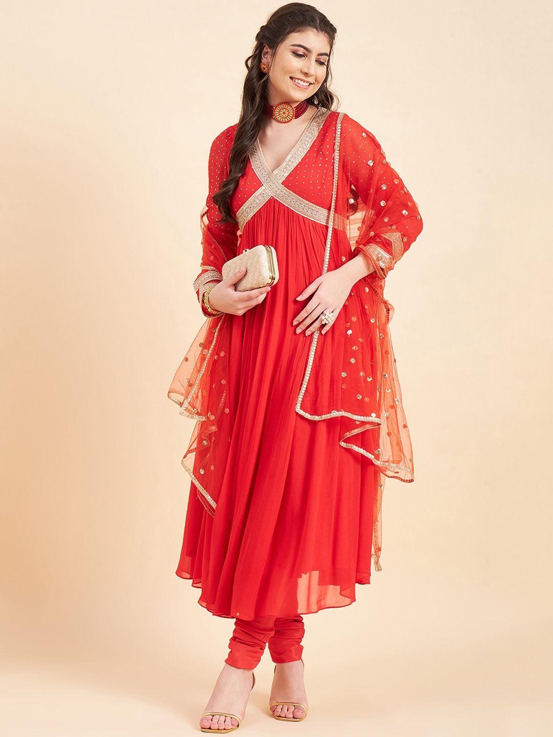 adornia floral yoke design empire beads and stones kurta with churidar & with dupatta