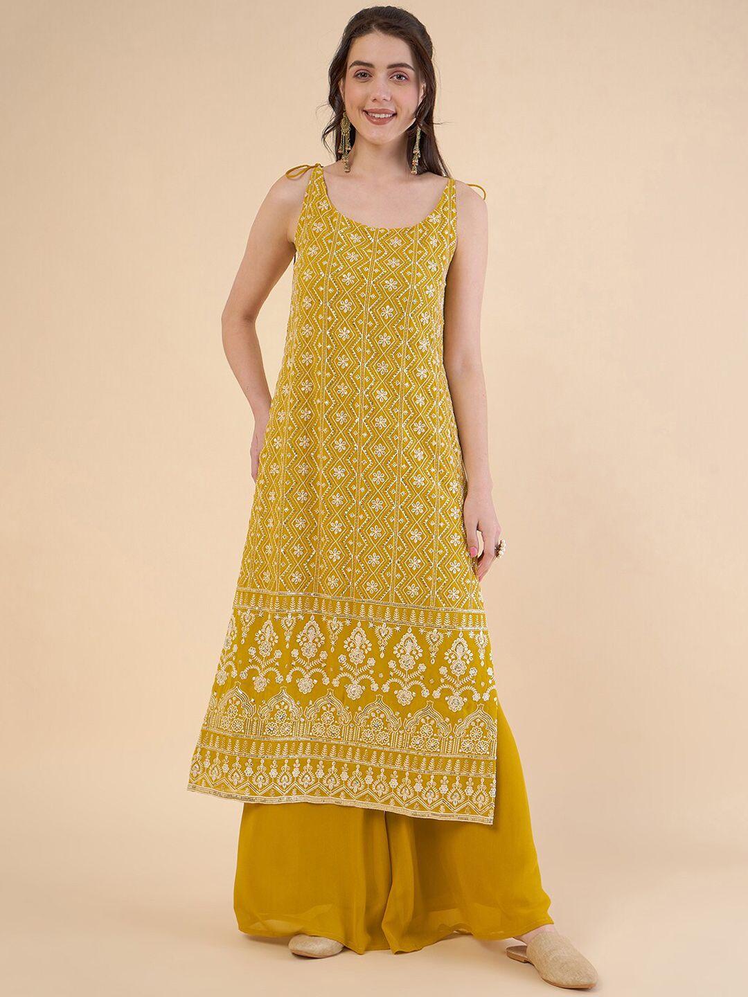 adornia paisley embroidered high slit chikankari kurta with palazzos