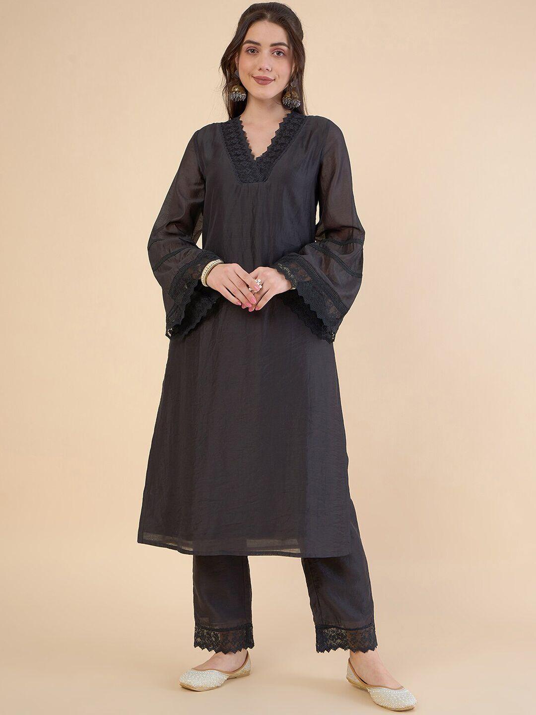 adornia women embroidered empire thread work kurta with trousers