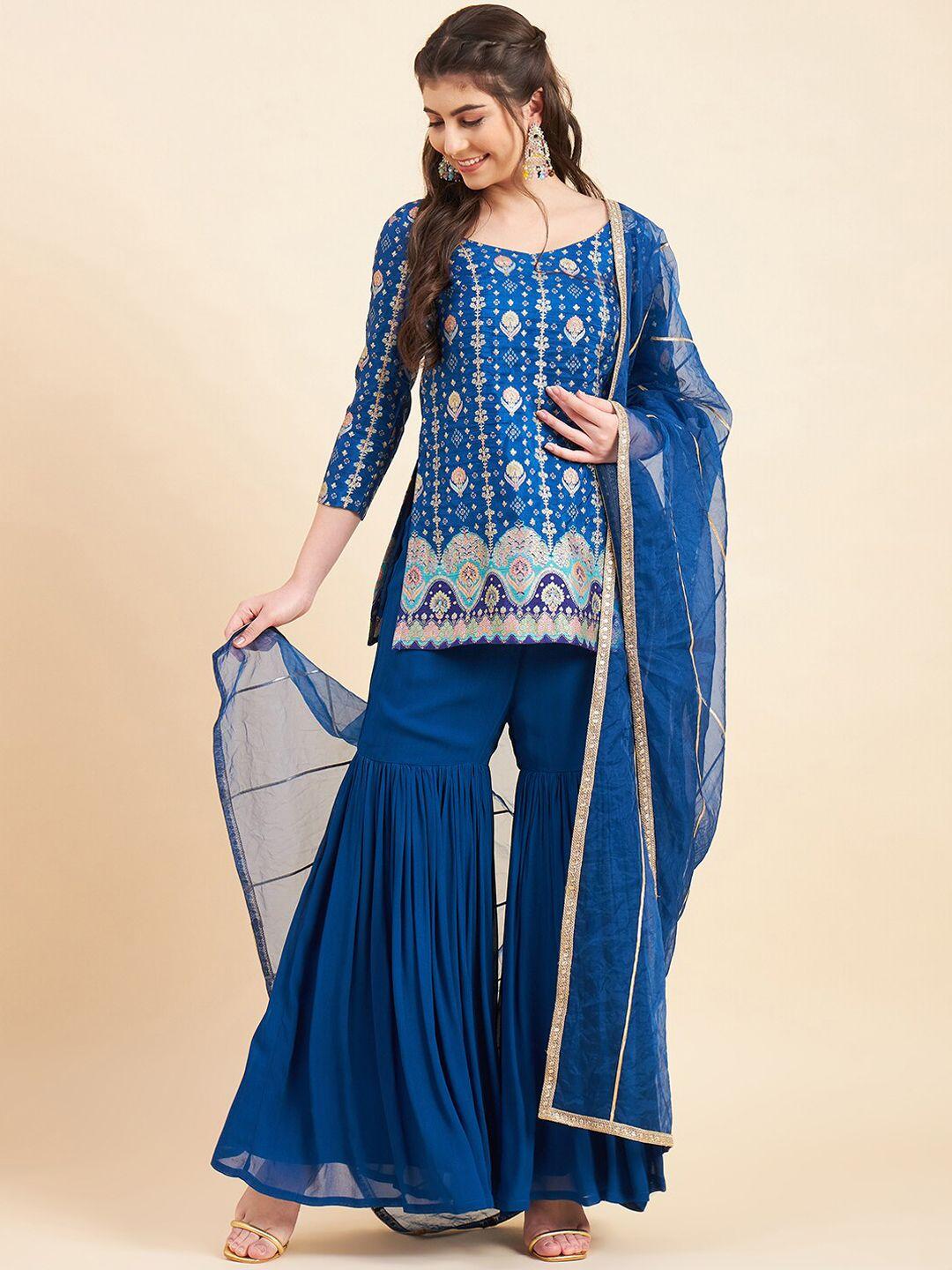 adornia women ethnic motifs embroidered regular kurta with sharara & with dupatta